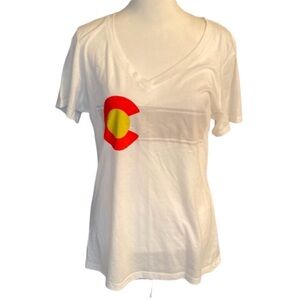 Steel City Colorado White V-Neck Women's Tee with Red and Yellow Graphic. Sz XL